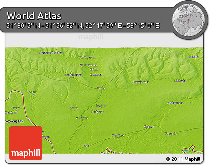 Physical 3D Map of the Area around 51° 43' 18" N, 52° 46' 29" E