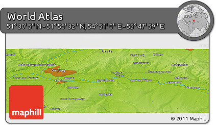 Physical Panoramic Map of the Area around 51° 43' 18" N, 55° 19' 30" E