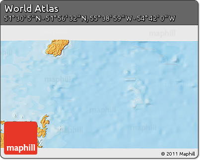 Political 3D Map of the Area around 51° 43' 18" N, 55° 10' 29" W