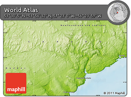 Physical Map of the Area around 51° 43' 18" N, 56° 52' 30" W