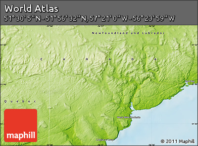 Physical Map of the Area around 51° 43' 18" N, 56° 52' 30" W