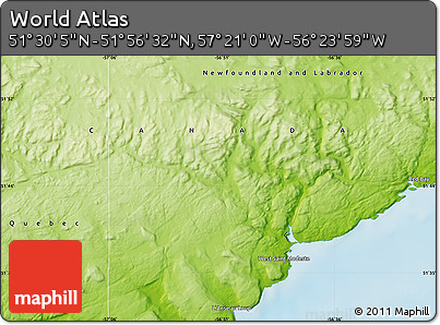 Physical Map of the Area around 51° 43' 18" N, 56° 52' 30" W