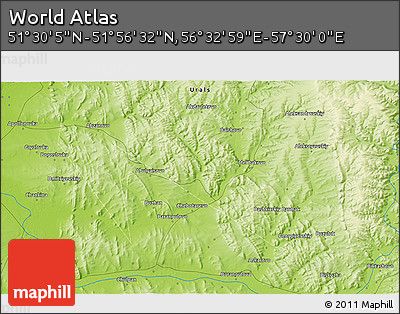 Physical 3D Map of the Area around 51° 43' 18" N, 57° 1' 29" E