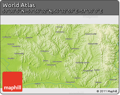 Physical 3D Map of the Area around 51° 43' 18" N, 57° 1' 29" E