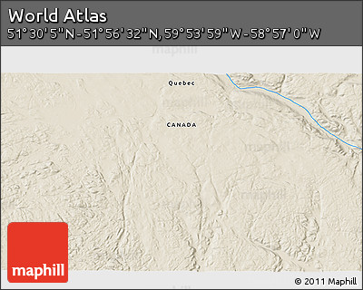 Shaded Relief 3D Map of the Area around 51° 43' 18" N, 59° 25' 29" W