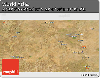 Satellite 3D Map of the Area around 51° 43' 18" N, 61° 16' 29" E
