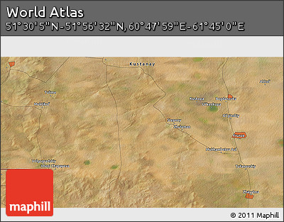 Satellite 3D Map of the Area around 51° 43' 18" N, 61° 16' 29" E