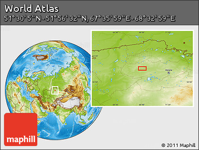 Physical Location Map of the Area around 51° 43' 18" N, 68° 4' 29" E