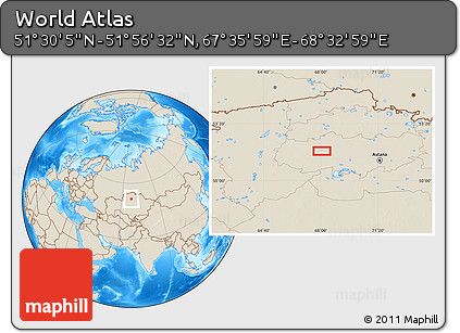 Shaded Relief Location Map of the Area around 51° 43' 18" N, 68° 4' 29" E