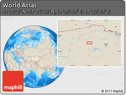 Shaded Relief Location Map of the Area around 51° 43' 18" N, 68° 4' 29" E