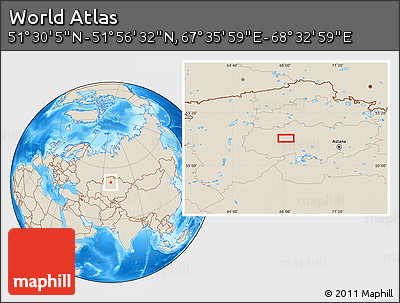 Shaded Relief Location Map of the Area around 51° 43' 18" N, 68° 4' 29" E