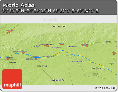 Physical 3D Map of the Area around 51° 43' 18" N, 68° 55' 30" E