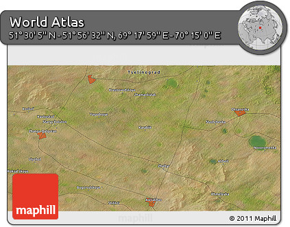 Satellite 3D Map of the Area around 51° 43' 18" N, 69° 46' 30" E