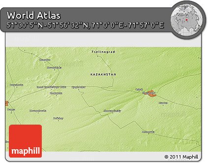 Physical 3D Map of the Area around 51° 43' 18" N, 71° 28' 29" E