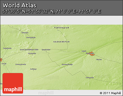 Physical 3D Map of the Area around 51° 43' 18" N, 71° 28' 29" E