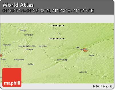 Physical 3D Map of the Area around 51° 43' 18" N, 71° 28' 29" E