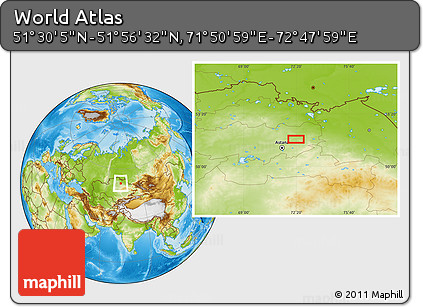 Physical Location Map of the Area around 51° 43' 18" N, 72° 19' 29" E