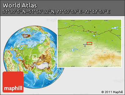 Physical Location Map of the Area around 51° 43' 18" N, 72° 19' 29" E