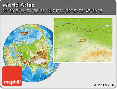 Physical Location Map of the Area around 51° 43' 18" N, 72° 19' 29" E