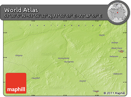 Physical Map of the Area around 51° 43' 18" N, 72° 19' 29" E