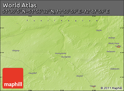 Physical Map of the Area around 51° 43' 18" N, 72° 19' 29" E