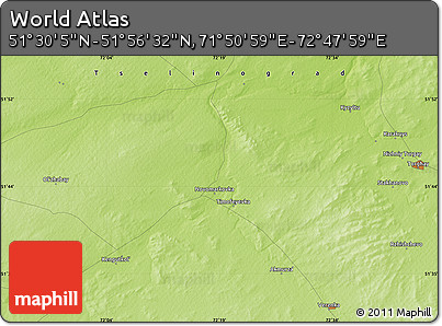 Physical Map of the Area around 51° 43' 18" N, 72° 19' 29" E