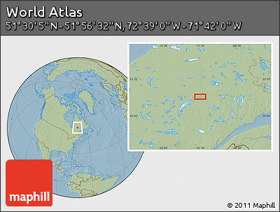 Savanna Style Location Map of the Area around 51° 43' 18" N, 72° 10' 30" W, hill shading