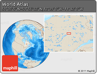Shaded Relief Location Map of the Area around 51° 43' 18" N, 72° 10' 30" W
