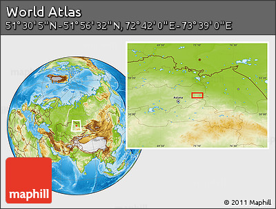 Physical Location Map of the Area around 51° 43' 18" N, 73° 10' 30" E