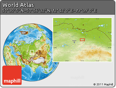 Physical Location Map of the Area around 51° 43' 18" N, 73° 10' 30" E