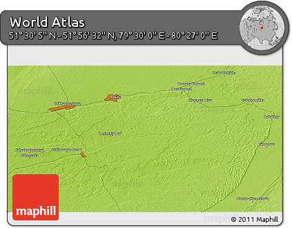 Physical 3D Map of the Area around 51° 43' 18" N, 79° 58' 29" E