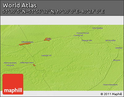 Physical 3D Map of the Area around 51° 43' 18" N, 79° 58' 29" E