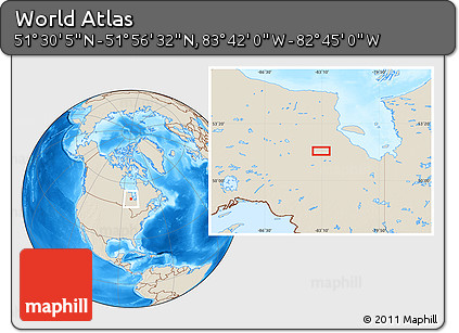Shaded Relief Location Map of the Area around 51° 43' 18" N, 83° 13' 29" W