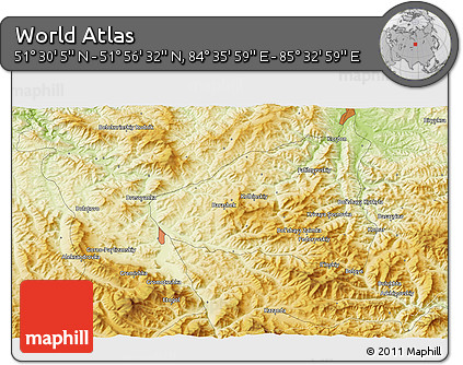 Physical 3D Map of the Area around 51° 43' 18" N, 85° 4' 29" E
