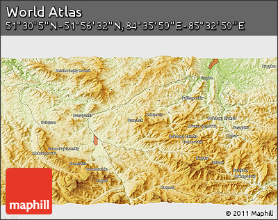 Physical 3D Map of the Area around 51° 43' 18" N, 85° 4' 29" E