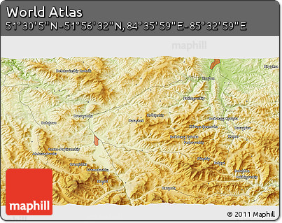 Physical 3D Map of the Area around 51° 43' 18" N, 85° 4' 29" E