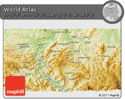 Physical 3D Map of the Area around 51° 43' 18" N, 85° 55' 30" E