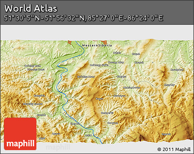 Physical 3D Map of the Area around 51° 43' 18" N, 85° 55' 30" E