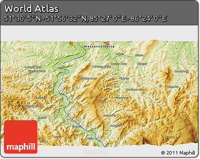 Physical 3D Map of the Area around 51° 43' 18" N, 85° 55' 30" E
