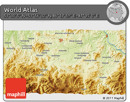Physical 3D Map of the Area around 51° 43' 18" N, 86° 46' 30" E