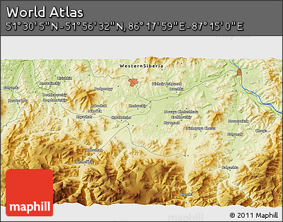 Physical 3D Map of the Area around 51° 43' 18" N, 86° 46' 30" E