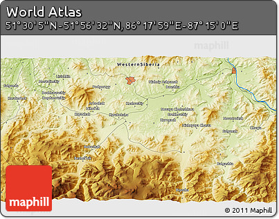 Physical 3D Map of the Area around 51° 43' 18" N, 86° 46' 30" E