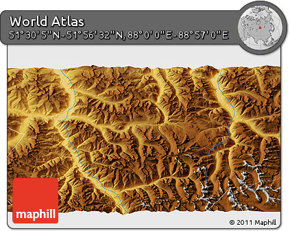 Physical 3D Map of the Area around 51° 43' 18" N, 88° 28' 29" E