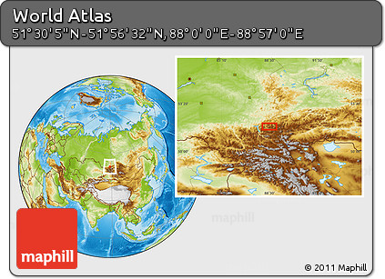 Physical Location Map of the Area around 51° 43' 18" N, 88° 28' 29" E