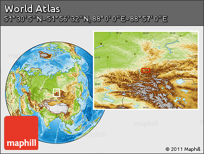 Physical Location Map of the Area around 51° 43' 18" N, 88° 28' 29" E