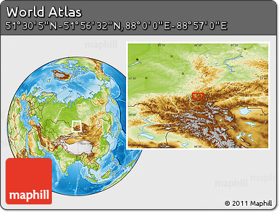 Physical Location Map of the Area around 51° 43' 18" N, 88° 28' 29" E