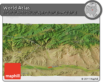Satellite 3D Map of the Area around 51° 43' 18" N, 93° 34' 29" E