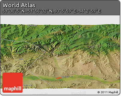 Satellite 3D Map of the Area around 51° 43' 18" N, 93° 34' 29" E