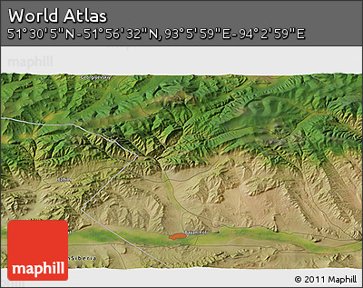 Satellite 3D Map of the Area around 51° 43' 18" N, 93° 34' 29" E