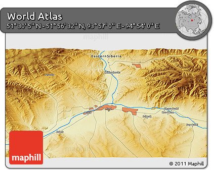 Physical 3D Map of the Area around 51° 43' 18" N, 94° 25' 30" E
